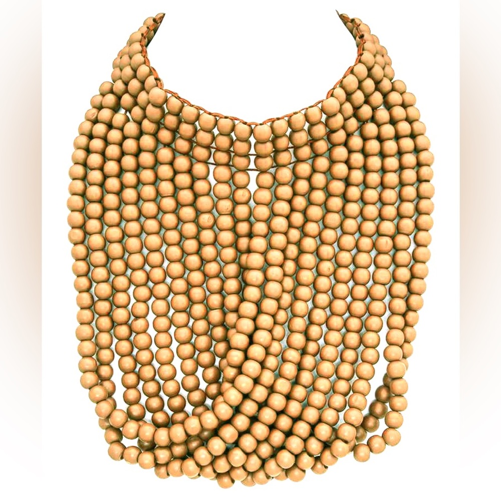 Wood Layered Bead Collar Statement Necklace